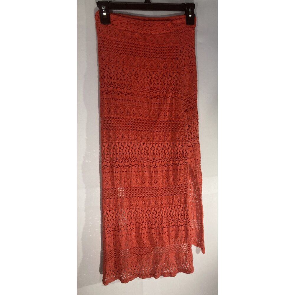 Copper Key Rust Orange Crochet Knit Maxi Skirt Medium Side Slit Boho Festival
